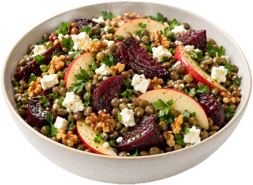 Lun linsesalat med bagte rødbeder, æble, valnødder og feta