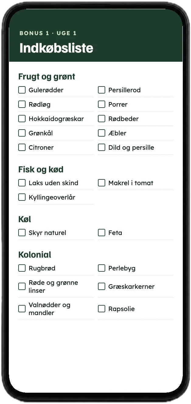 Indkøbslisten til uge 1, vist på en mobil