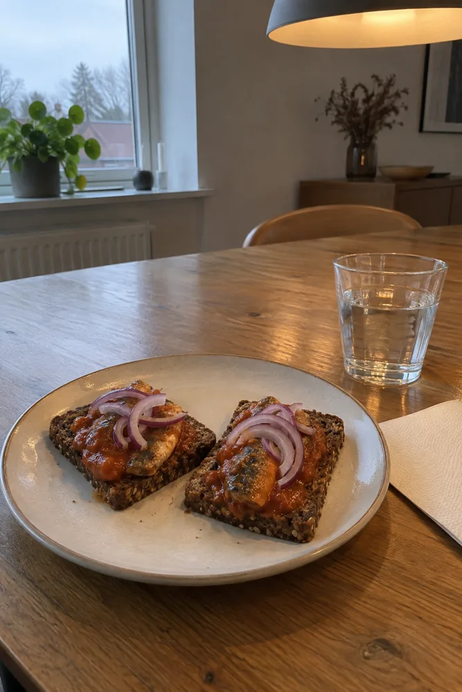 Frokost på et træbord: to stykker rugbrød med makrel i tomat og rødløg